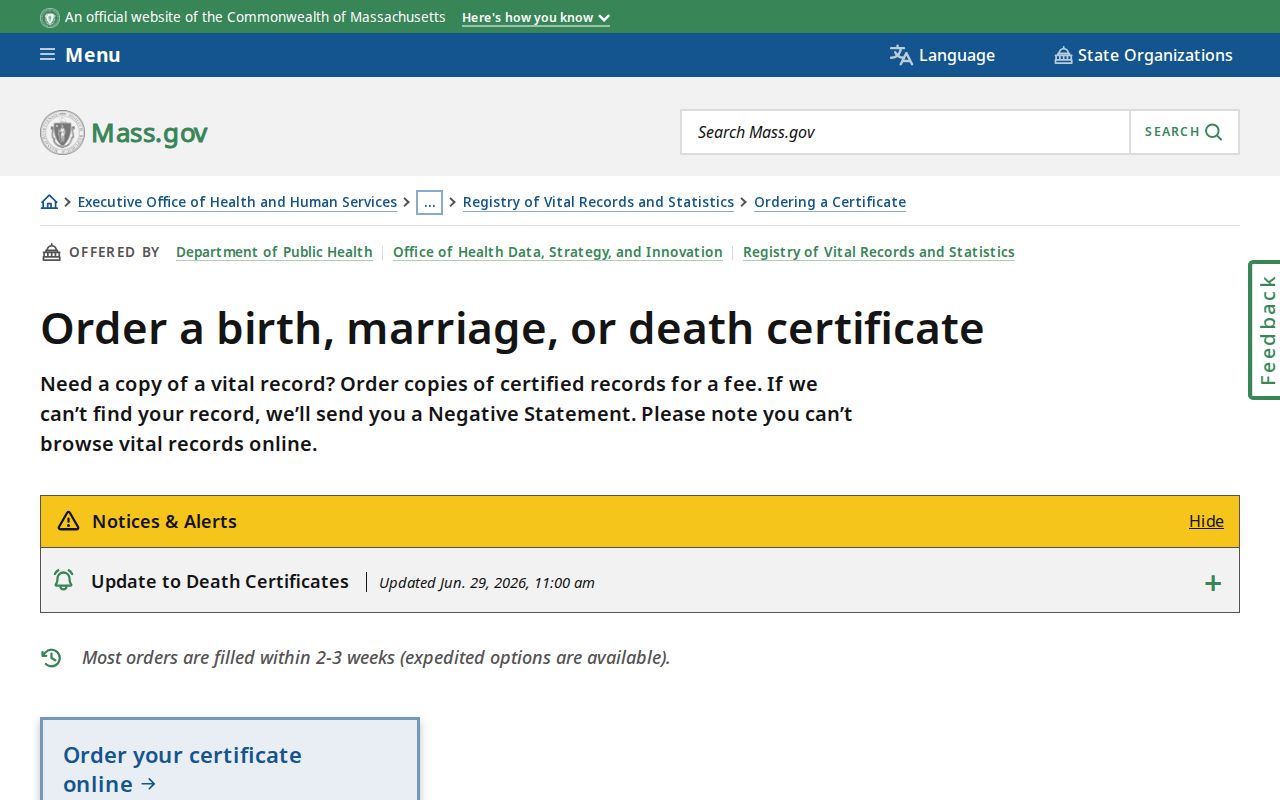 Somerville resident lookup Massachusetts vital record application instructions