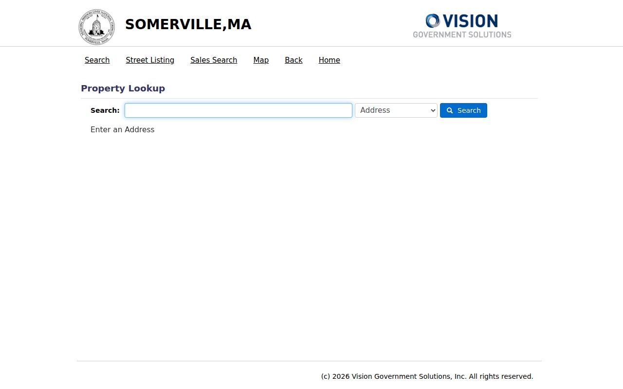 Somerville residents directory address search fields in the VGSI assessor portal