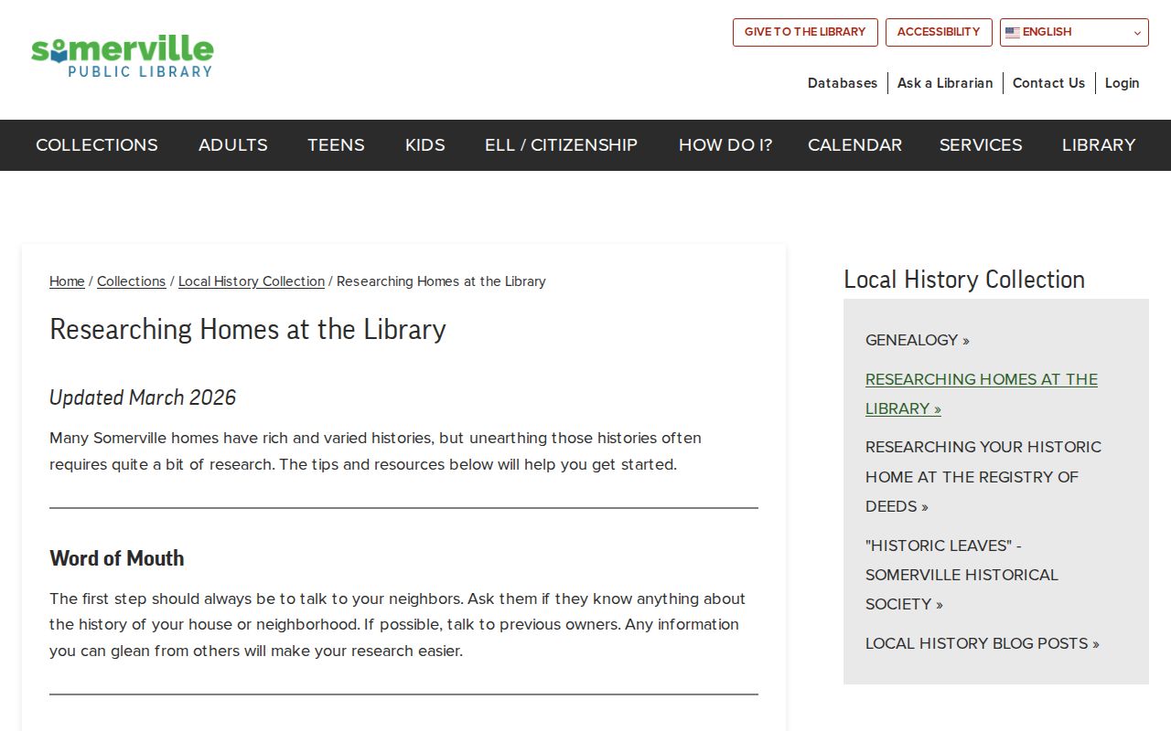 Somerville previous residents house-history guide showing local property research sources